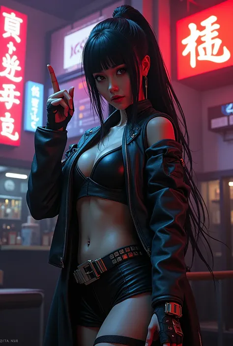 Woman hyper realístic cyberpunk 2078 ícon japoneses style, hyper details, Club writings, logo, Leaning pose against the wall checking The self the blade arm, While with the other finger he points to the camera