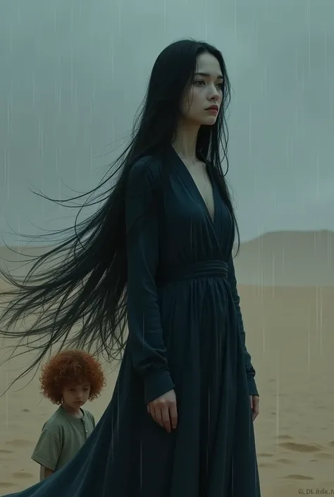 In a dark dessert, in rainy weather, a woman with very long black hair and white skin, dressed in dark blue and behind her stands a small boy child with curly red hair