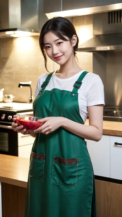 ((top quality、​Masterpiece、Photographic Realism:1.4、8K))、beautiful japanese women１one person、1、Exquisite and beautiful face、Eye and facial details、(Very, very huge :1.2)、（Green and red strawberry pattern apron:1.3）、（Stand in the kitchen）、（side）(whole body:...