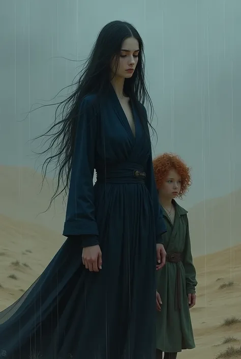 In a dark dessert, in rainy weather, a woman with very long black hair and white skin, dressed in dark blue and behind her stands a small boy child with curly red hair