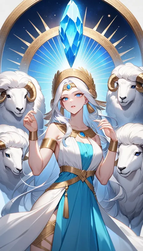 （Huang Li、high quality、Extremely detailed），Zodiac sign- Aries goddess，Giant white sheep，Woman stroking Aries，Similar to Latin goodness，brave，capricious，Productivity，The face of enterprising and humanitarianism，White long hair，Ancient Greek costumes、Wrap Dr...