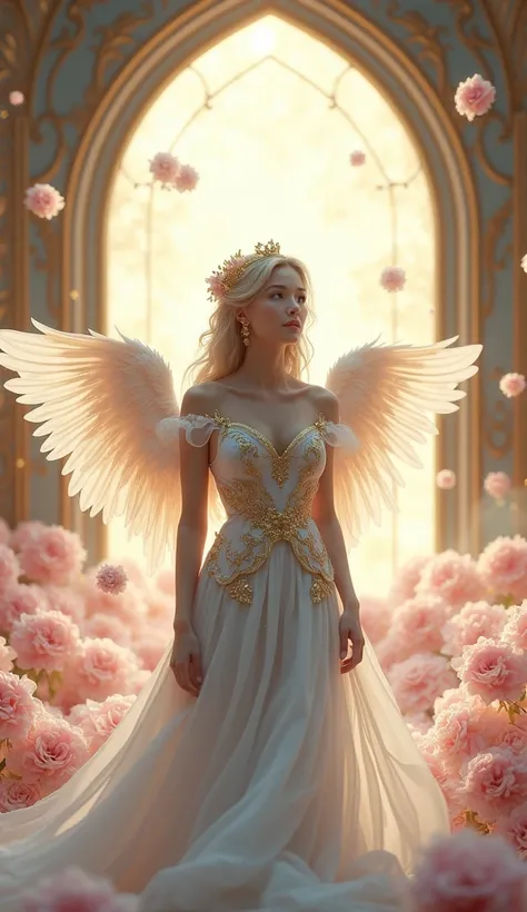 The image youve uploaded depicts an ethereal and serene scene featuring a beautiful female figure with angelic wings. She is adorned in a flowing, ornate garment with delicate gold embroidery. Her hair is elegantly styled and accessorized with a golden hai...