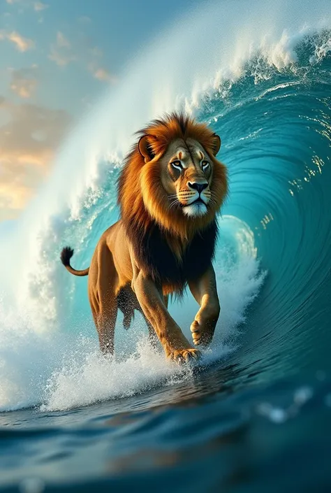 A photo of a lion surfing