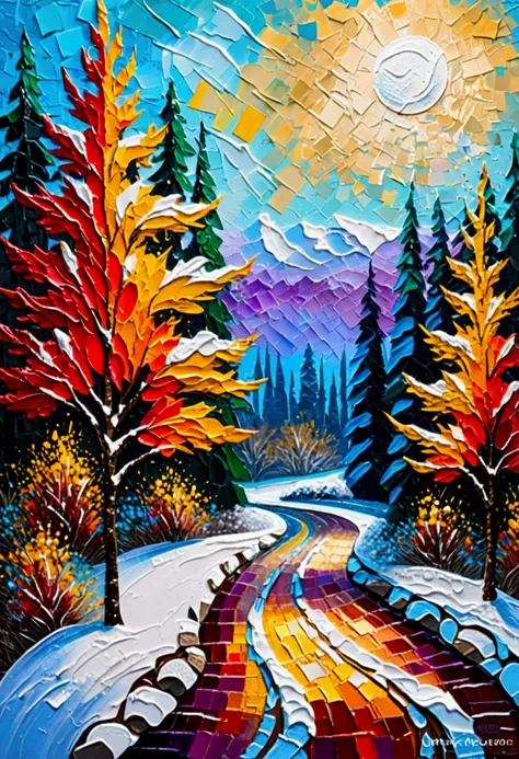 Snow Scenery, palette knife painting art style, bold textures, impasto effects, expressive strokes, vibrant colors, dynamic compositions, professional-grade finish, adds depth and dimension, creates tactile quality, immersive texture, contemporary aestheti...