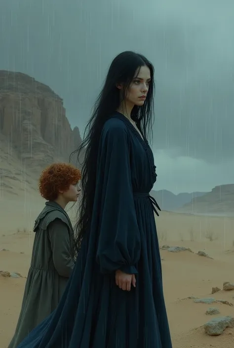 In a dark dessert, in rainy weather, a woman with very long black hair and white skin, dressed in dark blue and behind her stands a small boy child with curly red hair