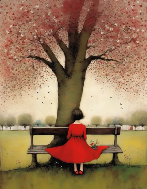 Top quality, Sam Toft style photo, girl sitting on a bench under a large tree, red dress, small flowers at her feet, children playing in the distance, masterpiece, high resolution