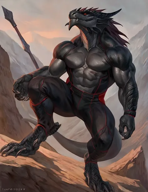 dragonborn, muscular, solo, detailed body, horny, full body, black color body, scalie, red eyes, topless bodysuit, ultra-detailed, by laobai, by taran fiddler, by honovy