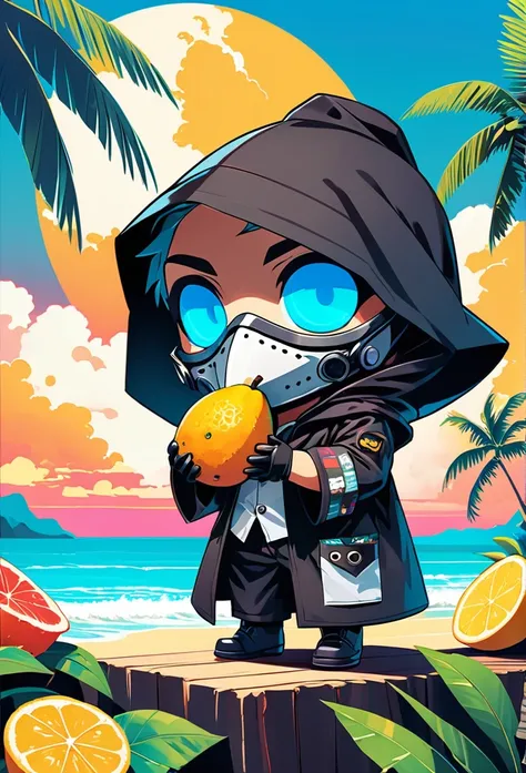 (masterpiece, best quality:1.1), (ultra highres, ultra-detailed:1.2),pop-art style,flatcolor, ((The boy is sitting and eating tropical fruits)),(in tropical resort,hawaii,bluesky), BREAK chibi-boy,(male Mad-scientist),(wearing plague-doctor costume,white b...