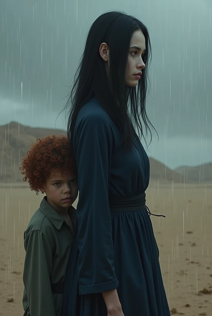 In a dark dessert, in rainy weather, a woman with very long black hair and white skin, dressed in dark blue and behind her stands a small boy child with curly red hair