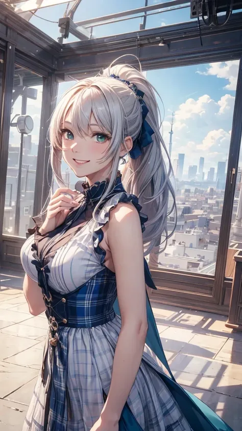 3 idols, Moeポーズ, Face Focus, (Beauty, cute), (Semi-long hair, ponytail), (Beautiful green eyes with beautiful details), (((cute, Smile))), break, sunny, White color from diagonally above, Fantasy Sky, Sky Porn, Light blue and white gingham check dress, Att...