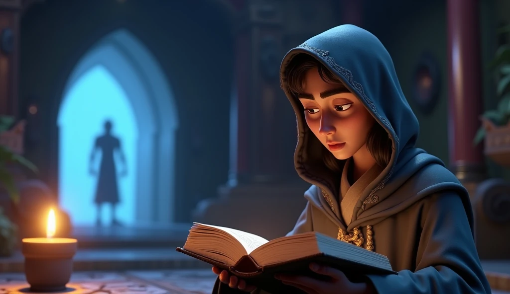 In 3D animation style:**Chanting the spell**: Mohan carefully reading an ancient spell from the book, with mystical light emanating from the door.