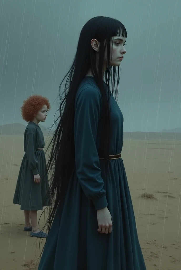 In a dark dessert, in rainy weather, a woman with very long black hair and white skin, dressed in dark blue and behind her stands a small boy child with curly red hair