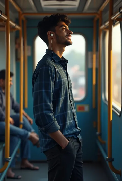 A man standing into Bangladeshi train , imaging his girlfriends memories, looking happy, at amnura bypass , wearing nevy blue check shirt and black pant , wearing black shoes , wearing earphones in ears , 