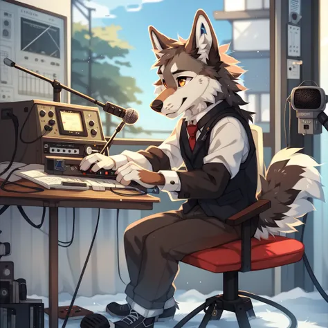 full body，male，wolf，Telegraph，Telegraph operator，radio，Desktop Microphone Stand，Black vest with white sleeves and blue tie，too,AMATEUR RADIO，Radio Station，Radio transmitter，Electronic Instruments，Precision instrument panel, ((by keihound, by reysi)), by Za...