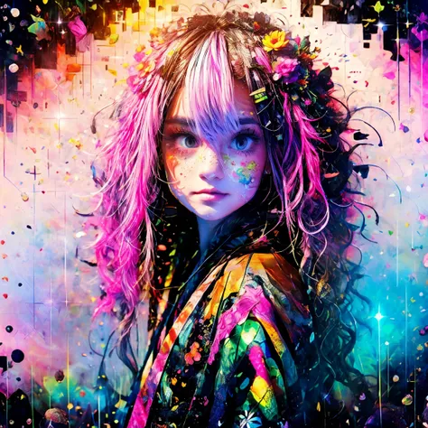 Absurd, High resolution, Super detailed, (Line art:1.5), (One person:1.3), cute, cute,  
water color Glitter paint dripping freely, 
Long Hair, Curly Hair, Hair loss, Big Hair, Thick Hair, Pink Hair, purple eye, Breathtakingly beautiful:1.3, 
Complicated c...