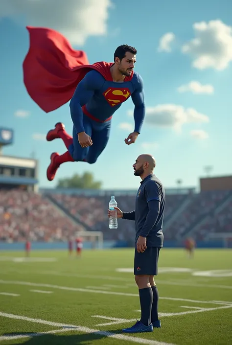 Superman flies to the football field and gives the Short Man with the bald head a bottle of water 