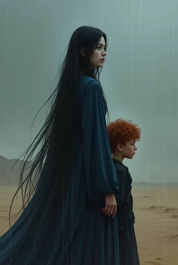 In a dark dessert, in rainy weather, a woman with very long black hair and white skin, dressed in dark blue and behind her stands a small boy child with curly red hair