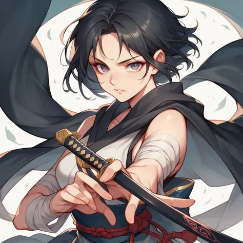 Female samurai with open shoulders and a cloak,beautiful,The old days,Woman 1,holding a katana sword,best pictures,black hair,gray eyes,sexly,Action