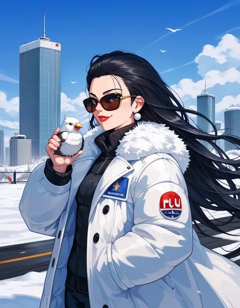 Sam Young,, One person, animal, animal on shoulder, bird, Black-rimmed glasses, Iris, Black Hair, blue null, Cityscape, clear null, coat, Day, Earrings, Wear glasses, Glasses removed, fur coat, Jacket, jewelry, Long Hair, Look to the side, Outdoor, Power l...