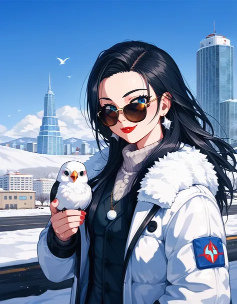 Sam Young,, One person, animal, animal on shoulder, bird, Black-rimmed glasses, Iris, Black Hair, blue null, Cityscape, clear null, coat, Day, Earrings, Wear glasses, Glasses removed, fur coat, Jacket, jewelry, Long Hair, Look to the side, Outdoor, Power l...