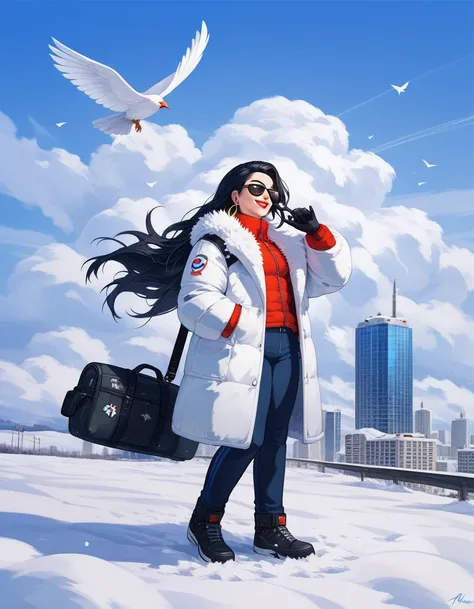 Sam Young,, One person, animal, animal on shoulder, bird, Black-rimmed glasses, Iris, Black Hair, blue null, Cityscape, clear null, coat, Day, Earrings, Wear glasses, Glasses removed, fur coat, Jacket, jewelry, Long Hair, Look to the side, Outdoor, Power l...