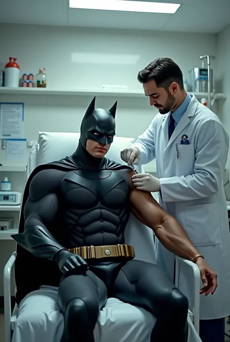 Doctor injects vaccine into the arm of Henry William Superman, Justice League&#39;s black suit, who is sitting in a hospital. 
