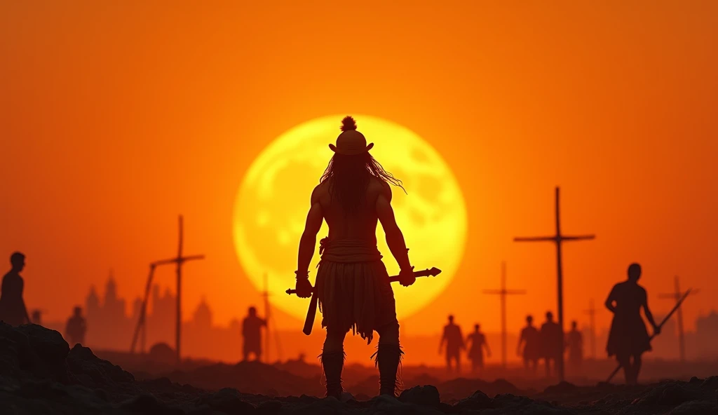 

Create an image of a the god Hanuman standing in a battlefield at sunset.The Hanuman is silhouetted against a vivid orange sky, with the sun casting long shadows on the ground. The warriors attire is reminiscent of ancient times, featuring loose-fitting ...