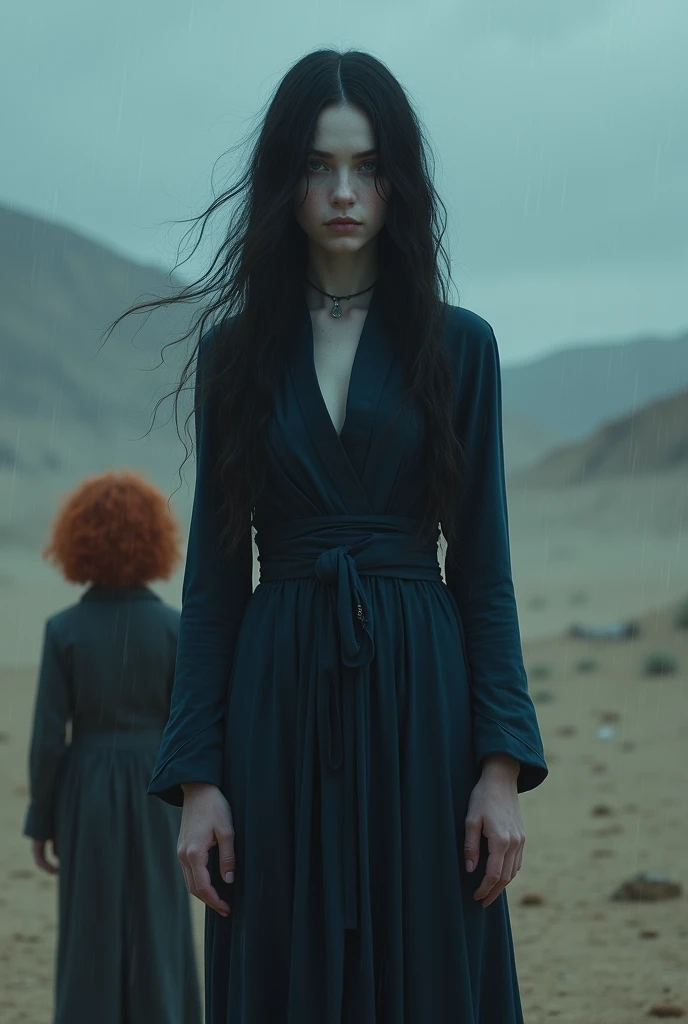 In a dark dessert, in rainy weather, a woman with very long black hair and white skin, dressed in dark blue and behind her stands a small boy child with curly red hair who is seen from behind