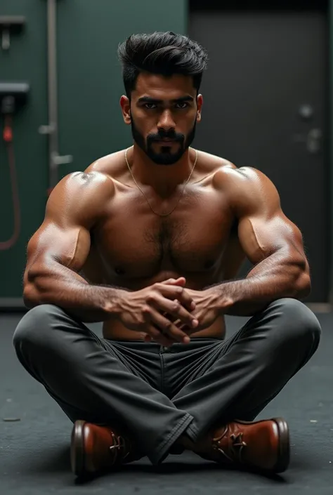 Handsome tamil young hunk, sitting in gym floor , nude ,formal shoes, sweating, shirtless