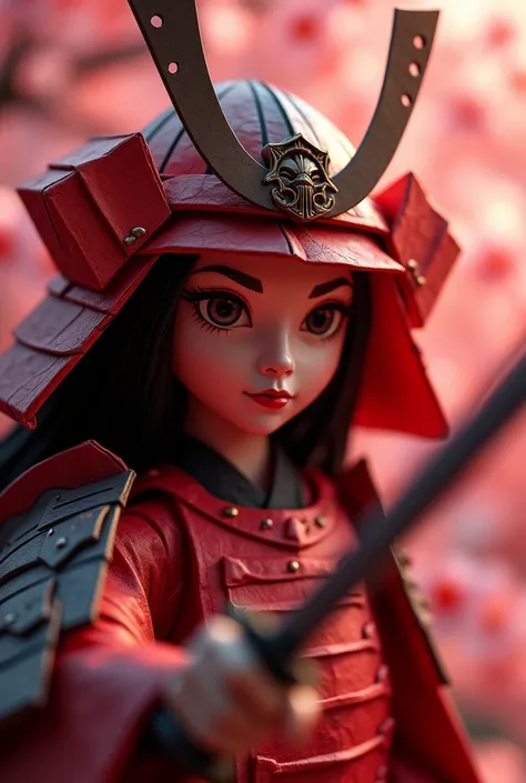 a red origami paper samurai,beautiful detailed eyes,beautiful detailed lips,extremely detailed eyes and face,longeyelashes,highly detailed,intricate,complex,elegant,graceful,dynamic pose,katana sword,traditional japanese armor,samurai helmet,cherry blossom...