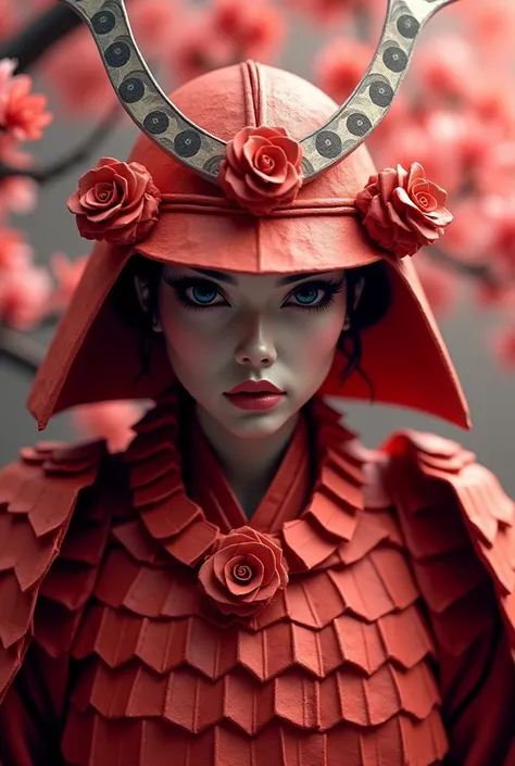 a red origami paper samurai,beautiful detailed eyes,beautiful detailed lips,extremely detailed eyes and face,longeyelashes,highly detailed,intricate,complex,elegant,graceful,dynamic pose,katana sword,traditional japanese armor,samurai helmet,cherry blossom...