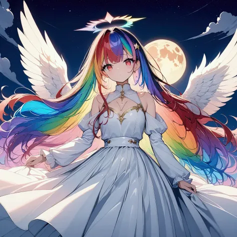 (((anime))) One Woman,I&#39;m in the mirror,Luxurious mirror,Heaven in the mirror,An angel looking at me,Large iridescent feathers,Long Hair,(Rainbow Hair),Bangs parted in the center,Inside the hair,Shine,Angel Halo,Red eyes,Big eyes, white camisole,Volume...