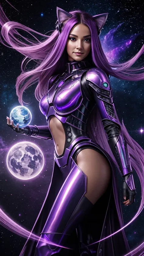 whole body, very detailed, the most unique creepy space cyber goddess with asymmetrical metal chipped features, with shimmering lavender and plum highlights, holographic tattoos, with flowing hair made of liquid metal, gaze, thin smile, affectionately hold...