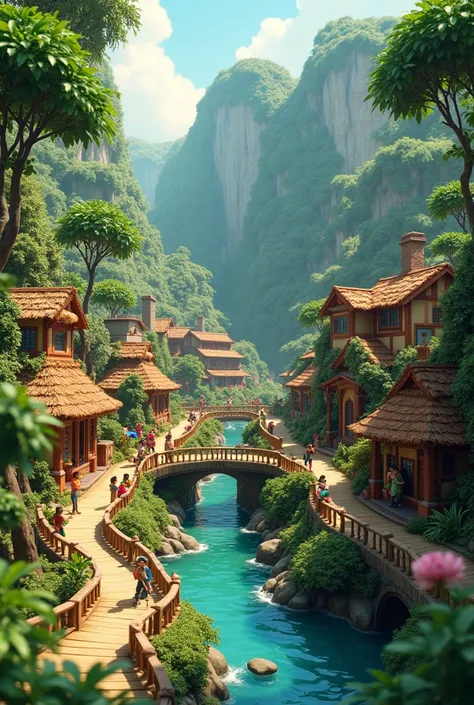 Need 3D animation style:Show the jungle village after it has been rebuilt by the animals, highlighting the harmony and beauty of their new home.