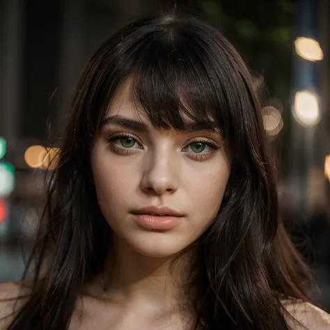 stunning young female french, 20 years old, huge green light eyes, huge lips, black straight long hair and a bang, full face portrait, looking directly into camera, bokeh, realistic, high Detail, perfect composition, dramatic lighting, high contrast