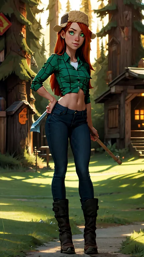 wendy corduroy, break: long straight reddish brown hair, fitted green flannel over shirt 3/4 cropped, tight white sports bra und...