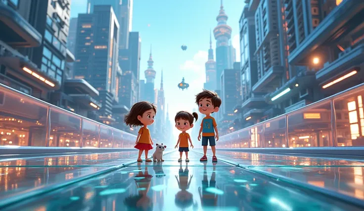 Generate a high quality, realistic seen in cinematic 3d 
cartoon style * The kids find themselves standing on a futuristic street. The ground is made of transparent glass, and they can see bright lights and flying vehicles beneath them.