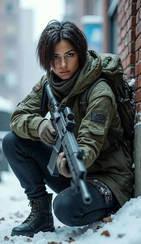 realistic, full body shot, photography, Tom Clancys The Division game, military woman, short dark brown hair, military mercenary outfit in camouflage city colours consisting of black denim combat trousers and t-shirt and camo winter jacket and arafat aroun...