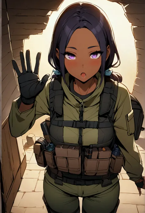 score_9、score_8_up、score_8、solo、1 person、Single、Female character concept、Amazing artwork、Highest quality、High resolution、Knee pads、Hydration Packs、Tactical vest with survival knife、tan、Marcel waving、Raise your arms and bend to the side、Be shocked、Rolling F...