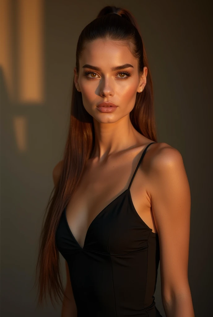 a very realistic and detailed photo of a beautiful italian woman, tight black dress, perfect makeup, long sleek straight ponytail brown hair, high quality, photorealistic, 8k, luxury, elegant, sophisticated, confident pose, studio lighting, cinematic, gold...