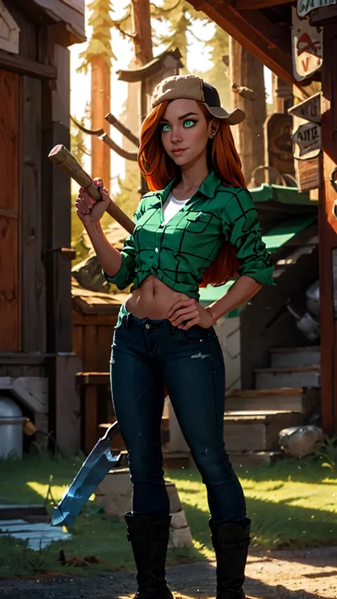 wendy corduroy, break: long straight reddish brown hair, fitted green flannel over shirt 3/4 cropped, tight white sports bra und...