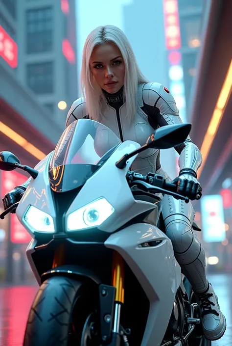 Fire girl with saybar sut in white colour in bmw bike in city