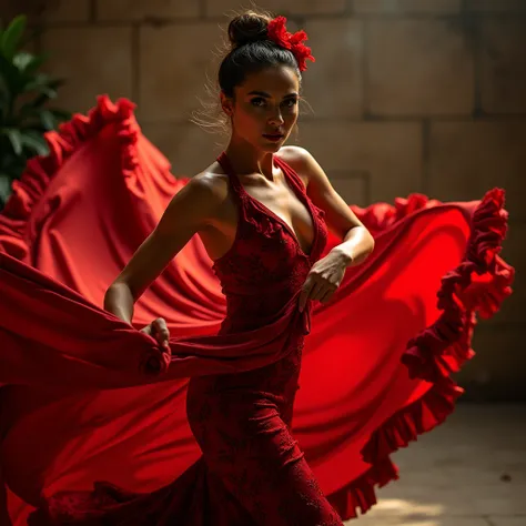 1 beautiful spanish fashion model woman doing flamenco dance, professional attire, powerful angle, dynamic movement, close-up shot, seductive pose and gaze towards camera, Canon Eos 24mm, extremely detailed, 4k, 8k, high resolution, masterpiece, photoreali...