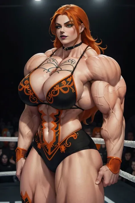 ((Close-up)), tall, (orange hair) beautiful muscular woman, long shaggy hair, pale white skinned, closed smile, large breast, (black lipstick), (massive muscles), (hyper muscle), ((ginormous bulky muscles)), green eyes, ((orange pro wrestler suit embroider...