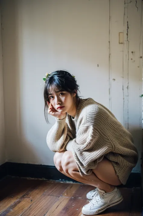 (High quality photo:1.5), 1woman, a 25y very pretty hongkong woman with (cool expression:1.2), (wearing a beauty floral crown:1.2), (sexy:1.3),sitting on the wood stool, (open legs:1.2), wearing sweater and skirt, (((sneakers))), (chubby:0.8), (perfect hai...