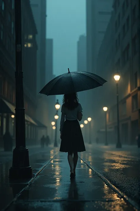 Dark night a girl walking alone on the street and on upside umbrella and rain