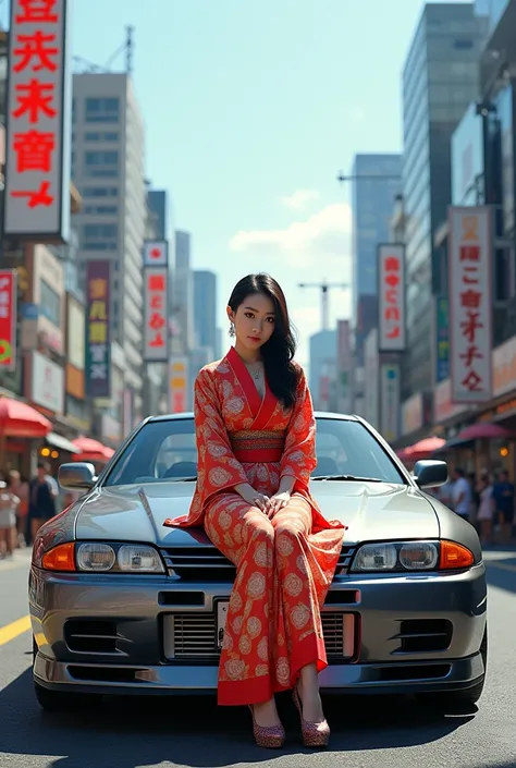 Nissan skyline R32 with a beautiful japanese girl wearing frock sitting on the bonnet, with Tokyo background in daylight, in realistic style picture