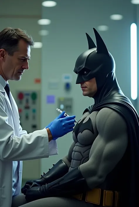 A doctor is giving a vaccine injection to a Justice League Batman sitting in a hospital.