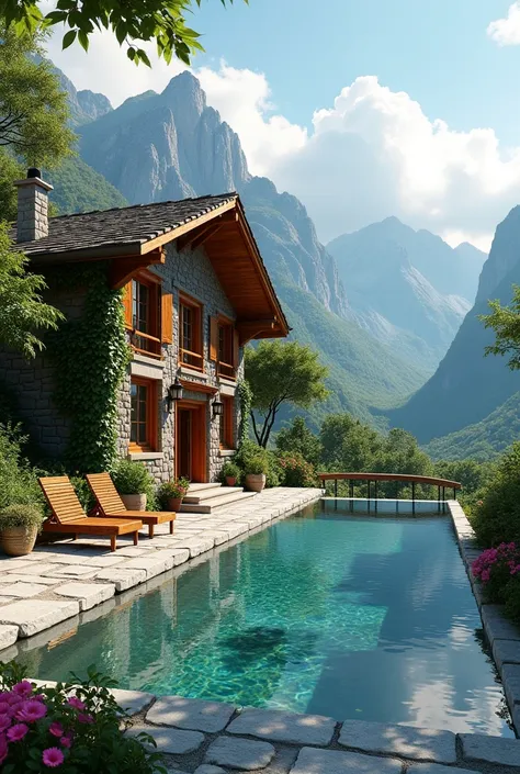 A rustic stone and wood cabin nestled in a lush mountainous landscape. The cabin features large wooden windows and doors, surrounded by thick greenery and climbing plants. In front of the cabin is a beautiful stone-tiled patio with wooden outdoor furniture...