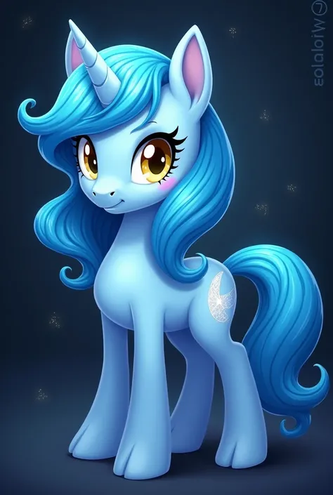 Design a《My Little Pony》Role, colt，unicorn pony，Blue fur，Has neat cyan hair，Yellow eyes，The cutie mark is a white crescent moon and a star，dark background。